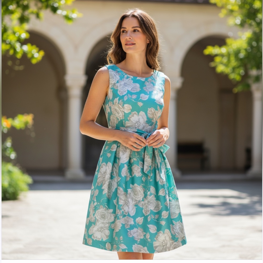 Jessica Howard Turquoise White Taupe Belted Fit And Flare Swing Dress